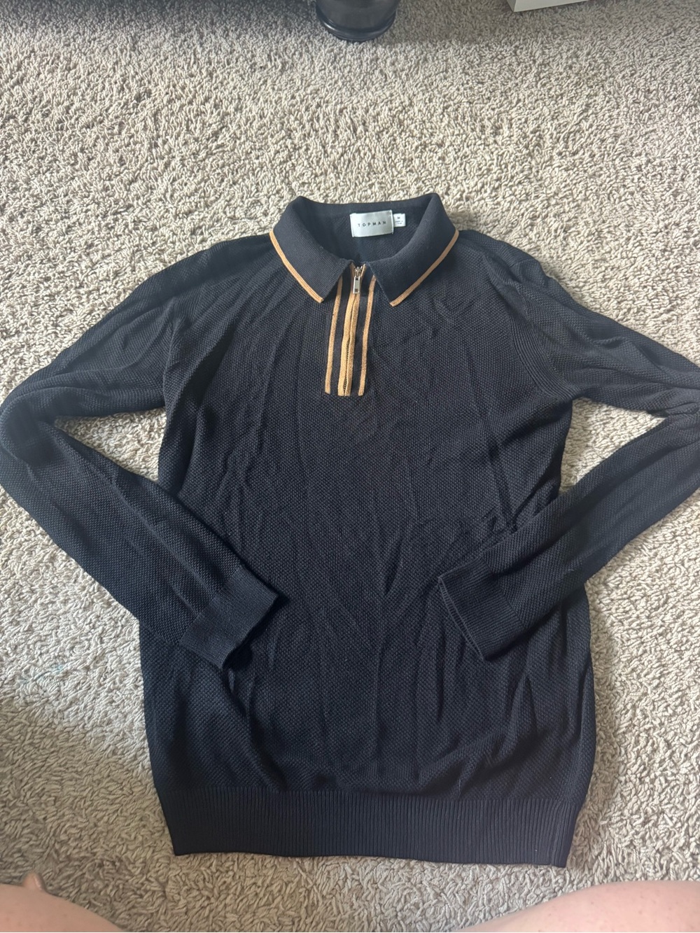 Mens Black Long-Sleeve Polo Sweater with Gold Trim